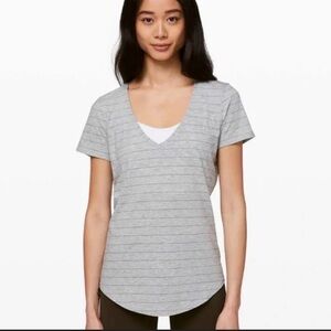 Lululemon Love Tee V in a heathered gray stripe pattern, athletic T-shirt